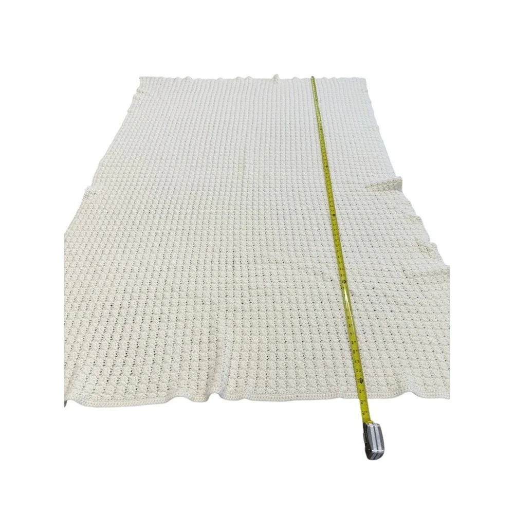 VTG! Handmade‎ Crochet Throw Blanket Cream White Textured Knit Farmhouse 73x46